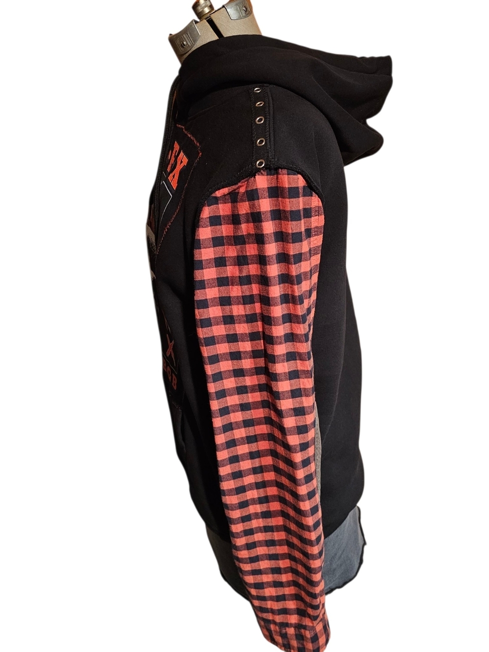 Upcycled NOFX Punk Hoodie Custom Rework Plaid Sleeves M - Picture 4 of 5